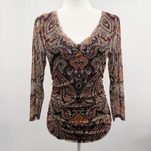 Vintage Y2K Paisley‎ Mesh Long Sleeve Top in Earthy Brown Orange Size Medium